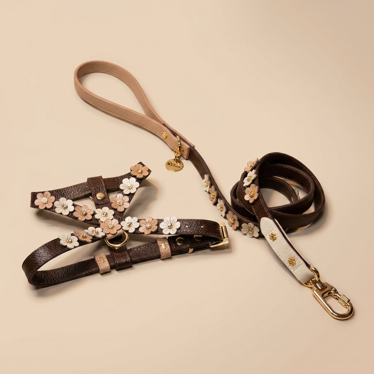 Kit Peitoral e Guia de Couro com Flores | Prímula
