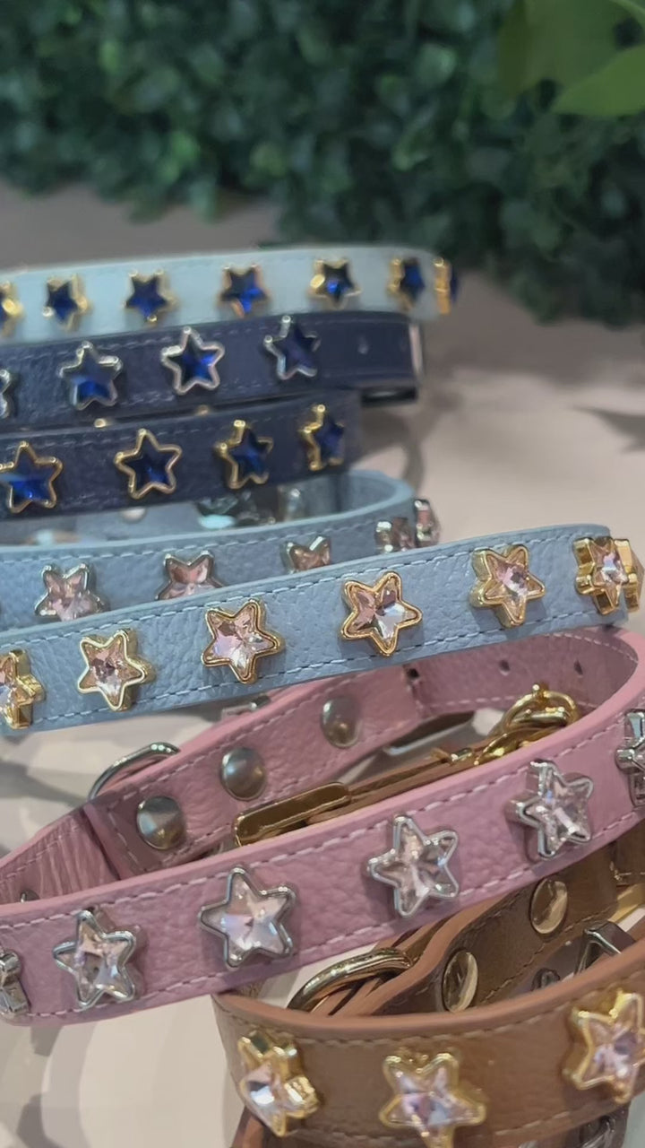 Coleira de Couro para Cachorro com Pedras Estrela | Sky