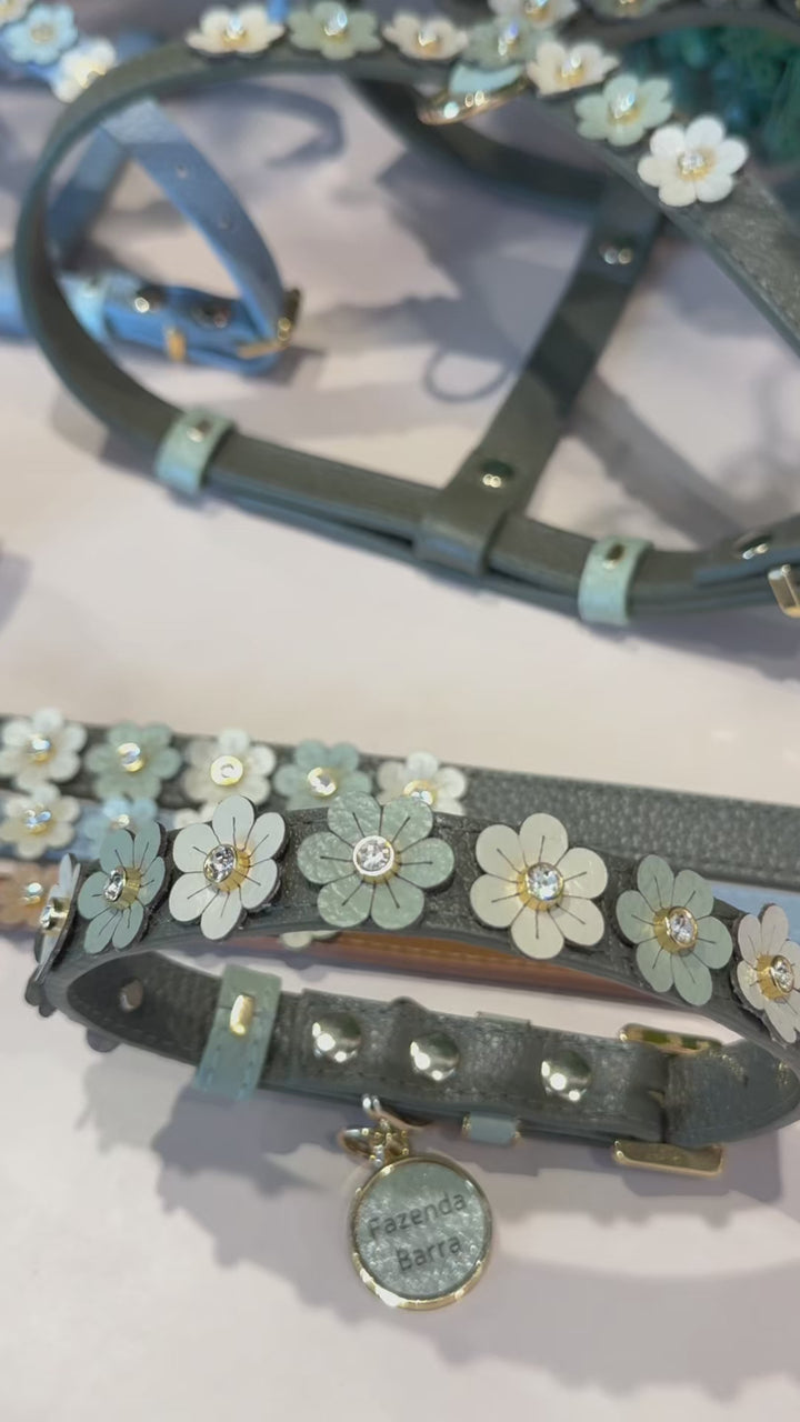 Kit Peitoral e Guia de Couro com Flores | Prímula